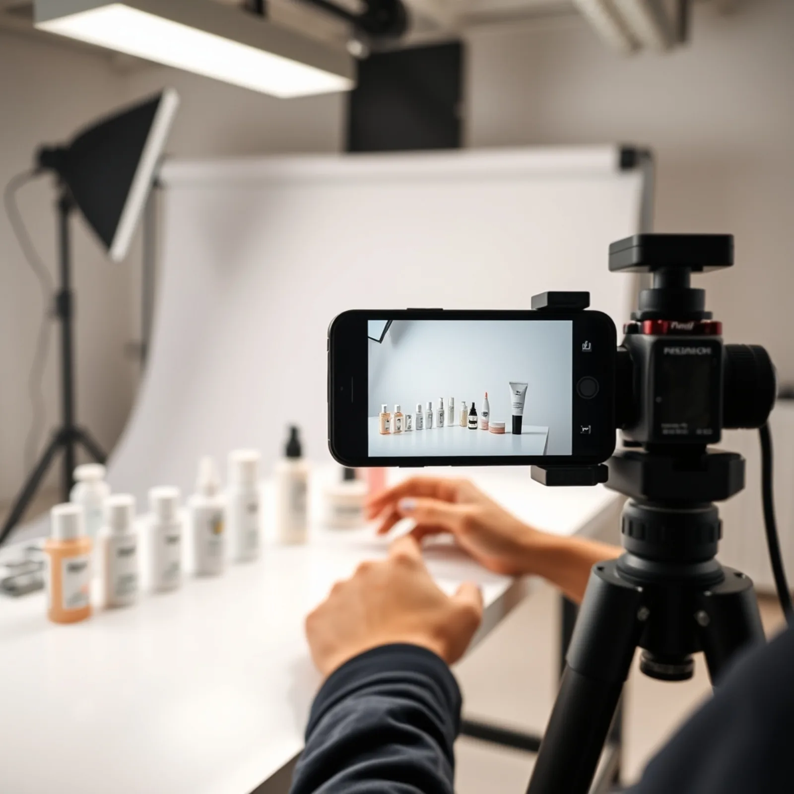 Vertical shooting set with a smartphone on a tripod and products lined up for a series of TikTok videos