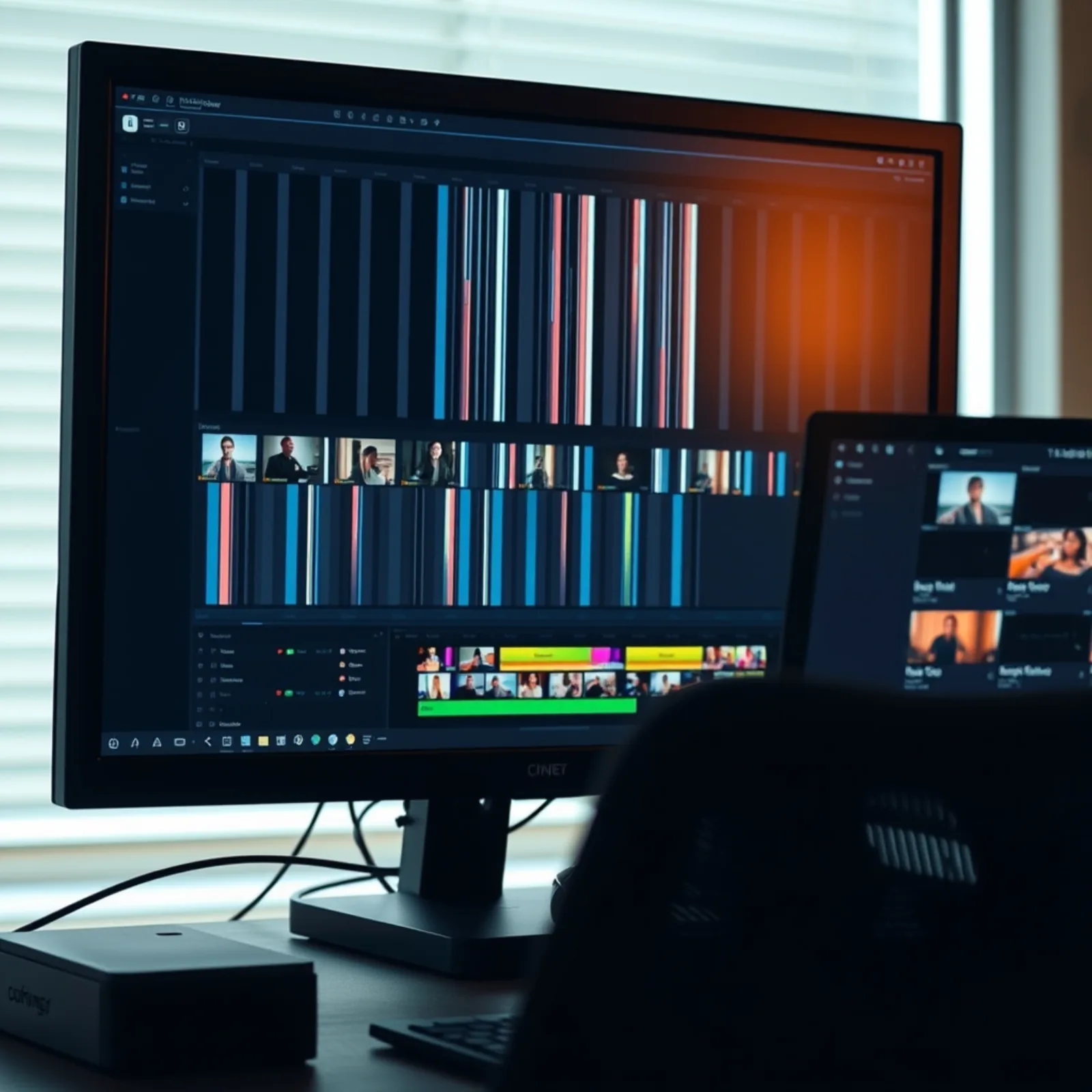 Video editing workstation with several vertical variants lined up on a computer screen