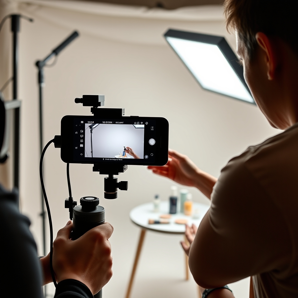 Tournage vertical en studio avec smartphone sur trépied et éclairage continu pour variantes de hook