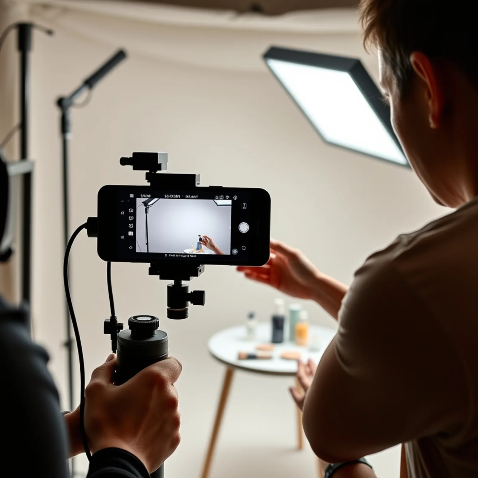 Rodaje vertical en estudio con smartphone sobre trípode e iluminación continua para variantes de hook