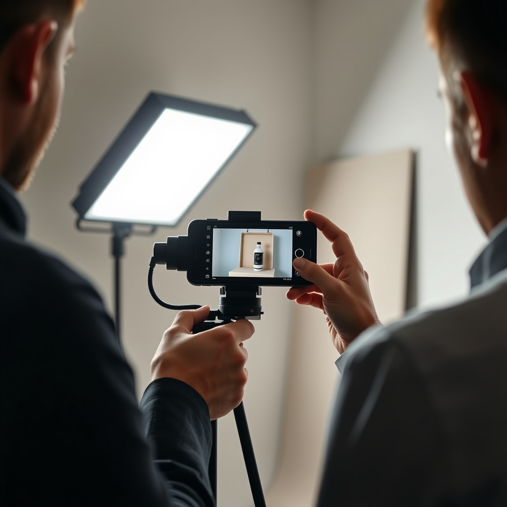 Équipe vidéo interne en tournage vertical sur un fond neutre avec smartphone sur trépied et éclairage LED