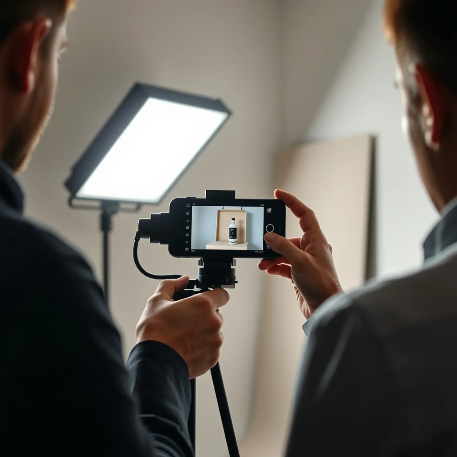 Equipo de vídeo interno rodando en vertical sobre fondo neutro con smartphone en trípode e iluminación LED