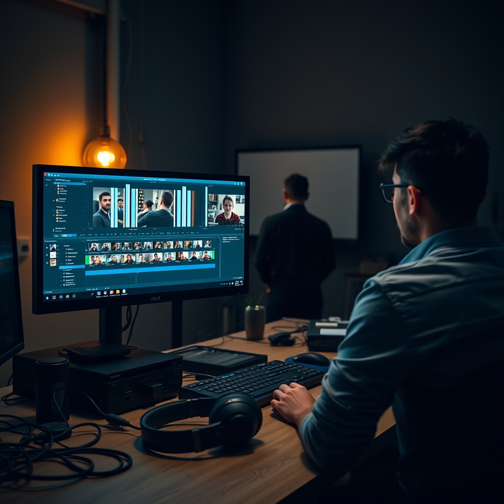 Poste de montage vidéo avec deux écrans affichant une timeline au format vertical dans un bureau de marque