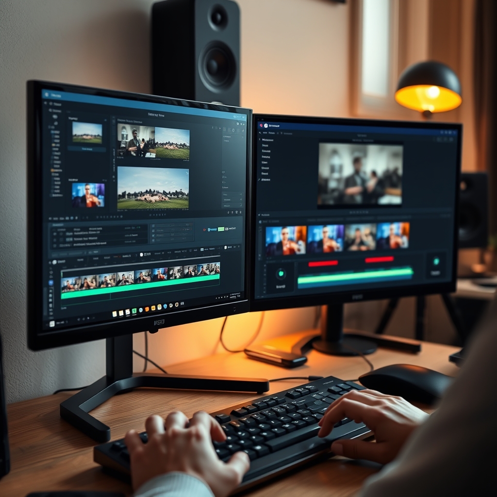 Poste de montage vidéo vertical avec plusieurs exports de ratios affichés sur un second écran