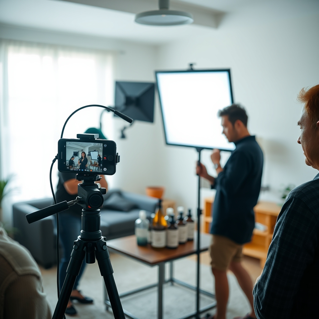 Équipe de production vidéo verticale en tournage UGC avec smartphone sur trépied et éclairage souple