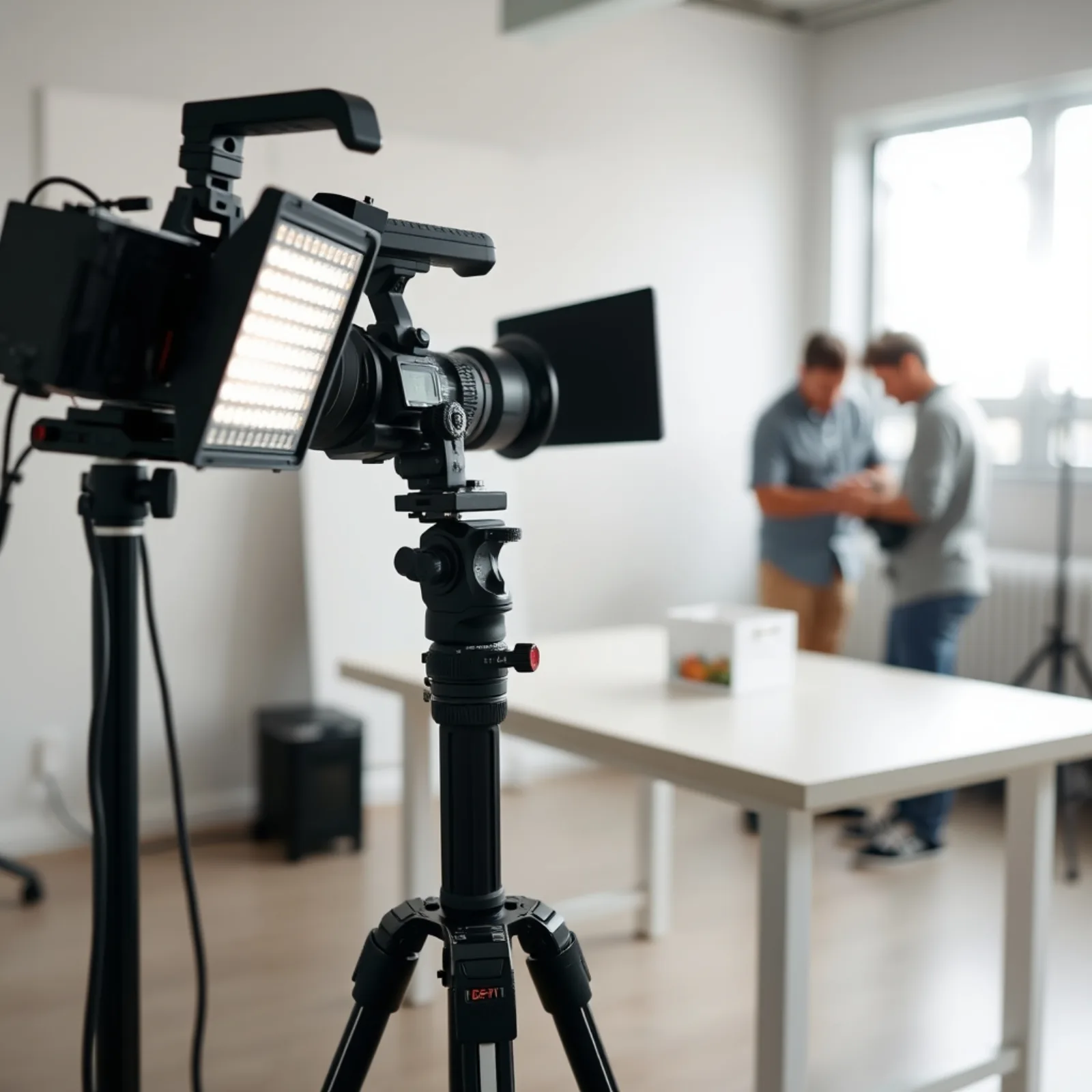 Équipe de production vidéo verticale en studio, caméra sur trépied en format portrait et écran de contrôle