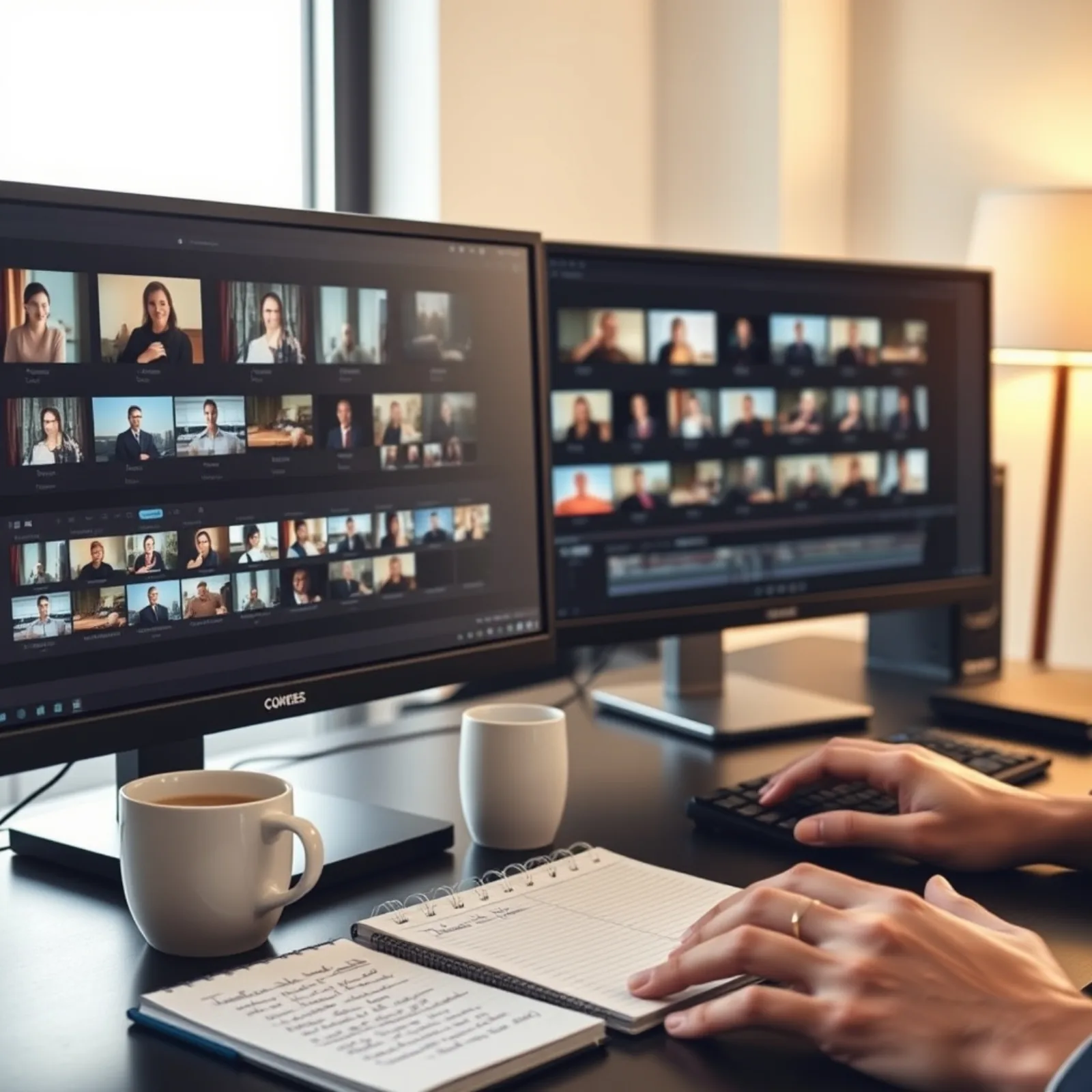 Table de montage avec plusieurs variantes de vidéos verticales affichées côte à côte sur deux écrans