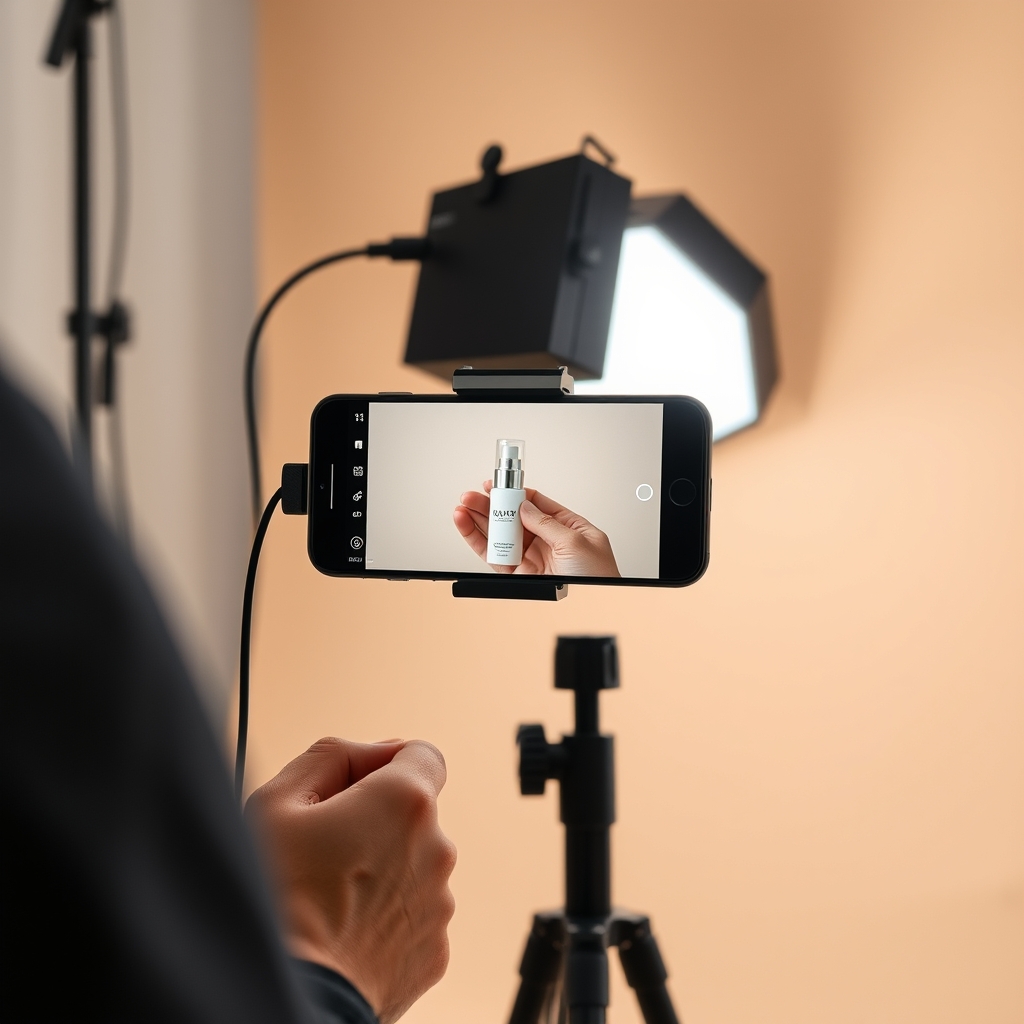 Plateau de tournage vertical avec smartphone sur trépied, panneau LED et produit sur fond neutre