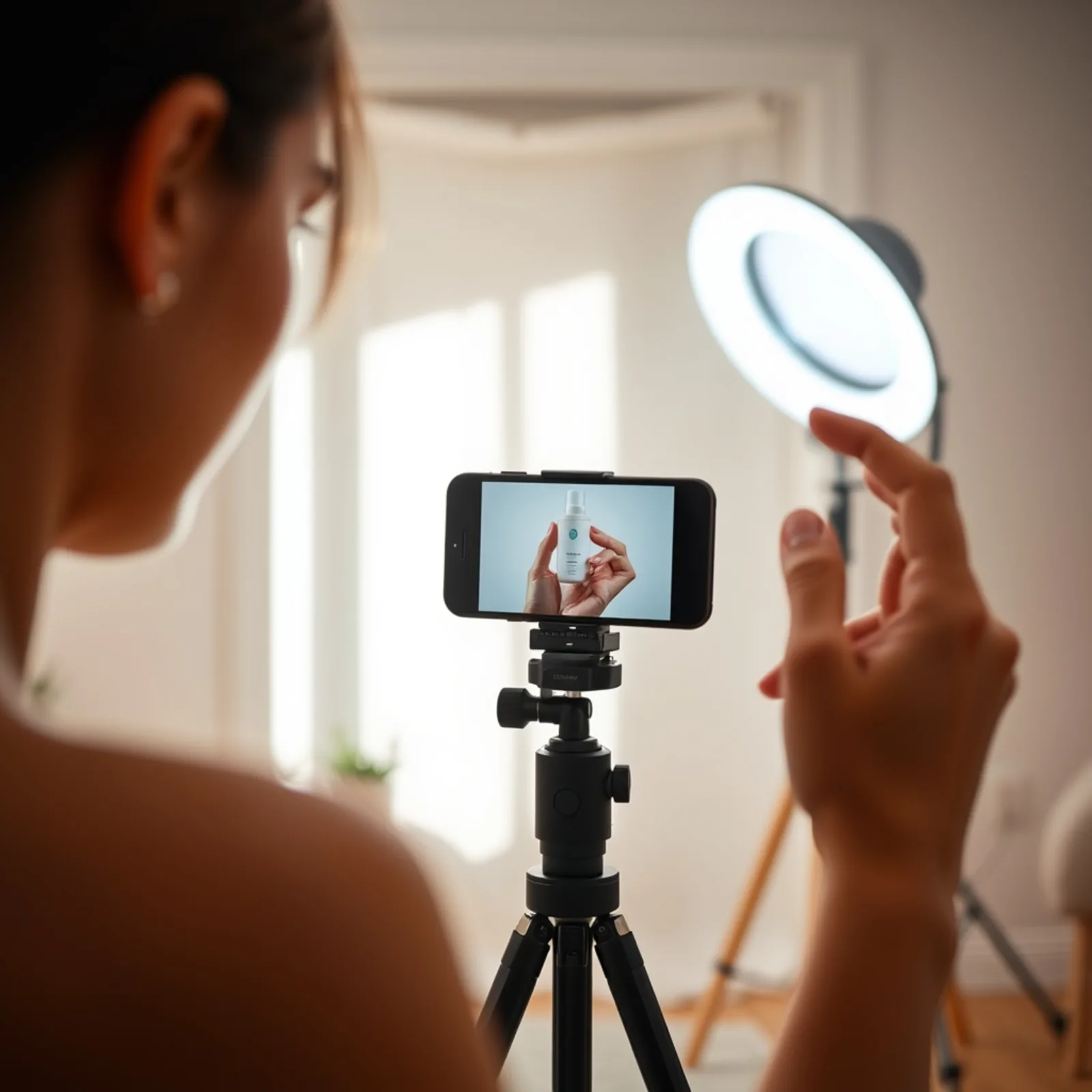 Creador UGC grabando un producto en vídeo vertical con un trípode para smartphone en un estudio
