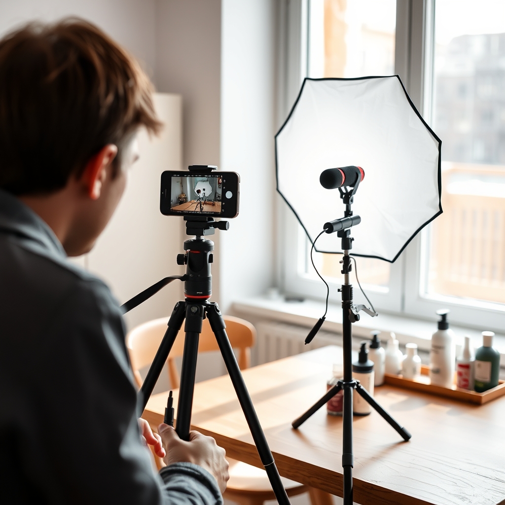 Tournage vertical au smartphone sur trépied avec réflecteur et lumière naturelle