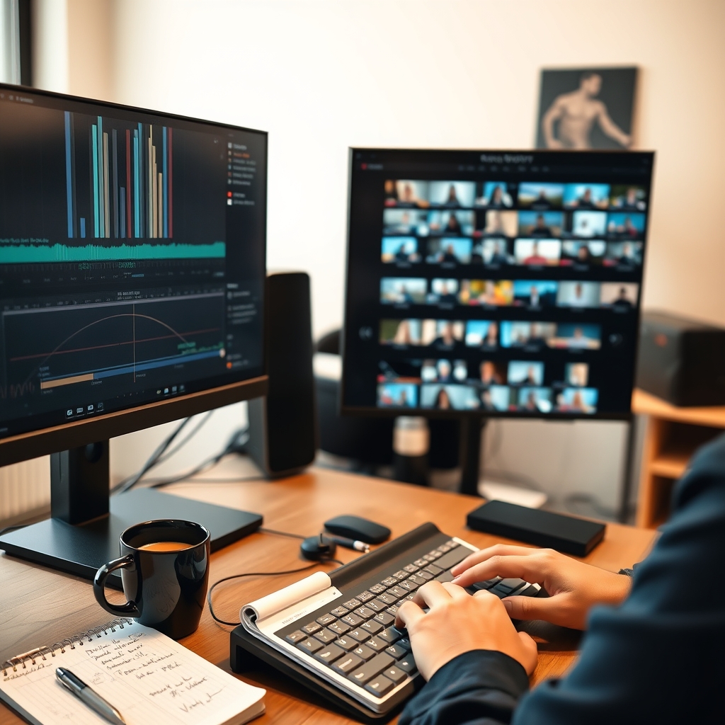 Poste de montage vidéo verticale avec plusieurs variantes affichées à l'écran