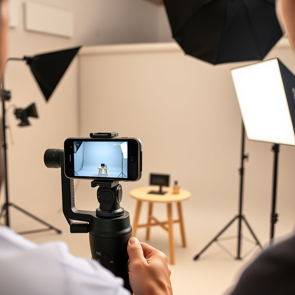 Tournage vertical en studio : smartphone sur stabilisateur, panneau LED et produit sur table de prise de vue