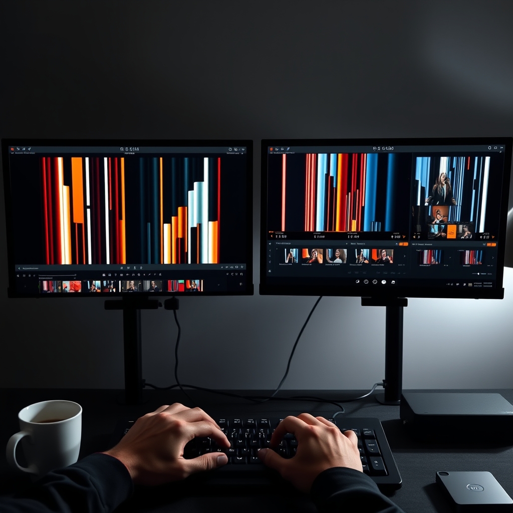 Poste de montage avec plusieurs déclinaisons verticales d'une même vidéo affichées sur les écrans