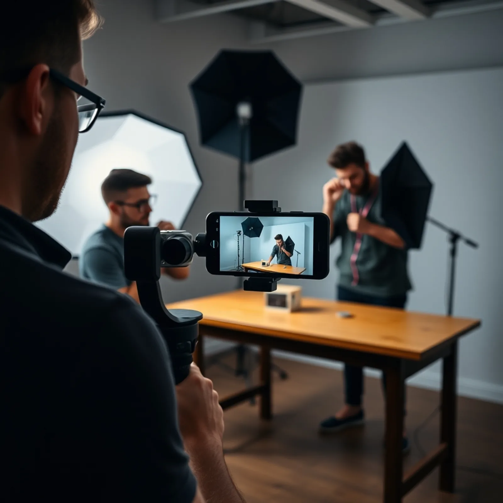 Vertical shoot in a studio with a smartphone rig and soft lighting for a series of Shorts