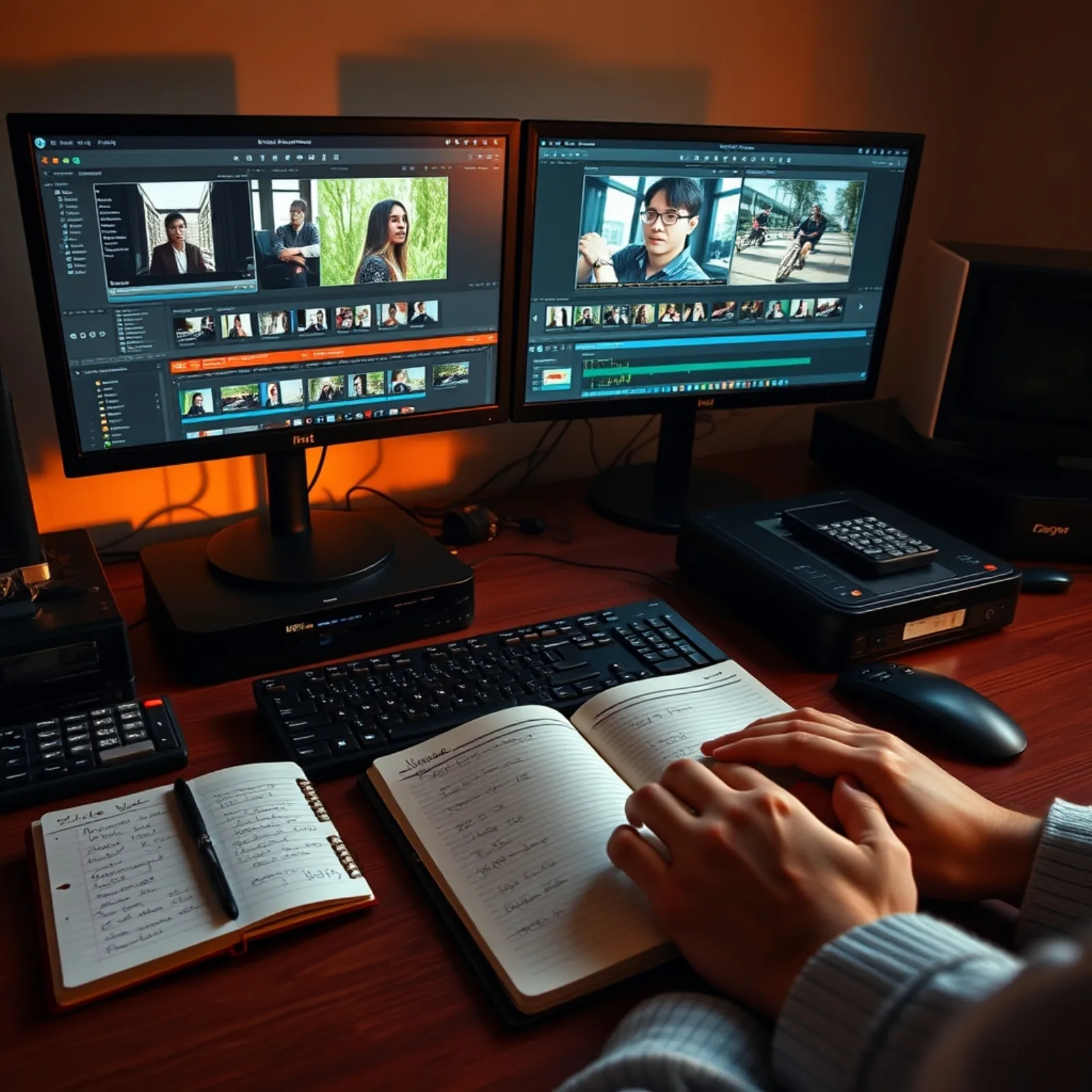Editing station with two screens showing vertical timelines and a production tracking notebook