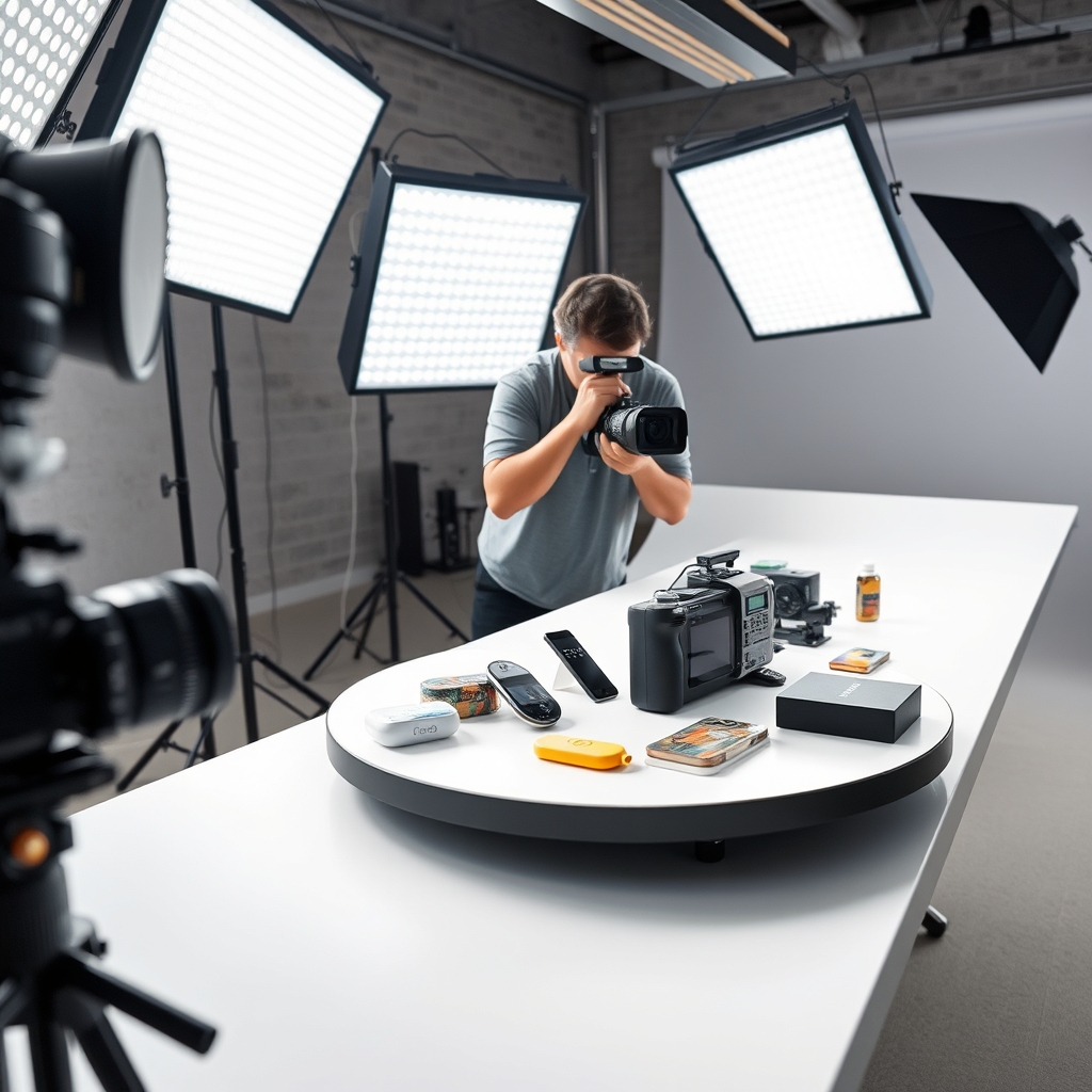 Plateau de packshot vidéo avec produits alignés, fond cyclo et éclairage continu