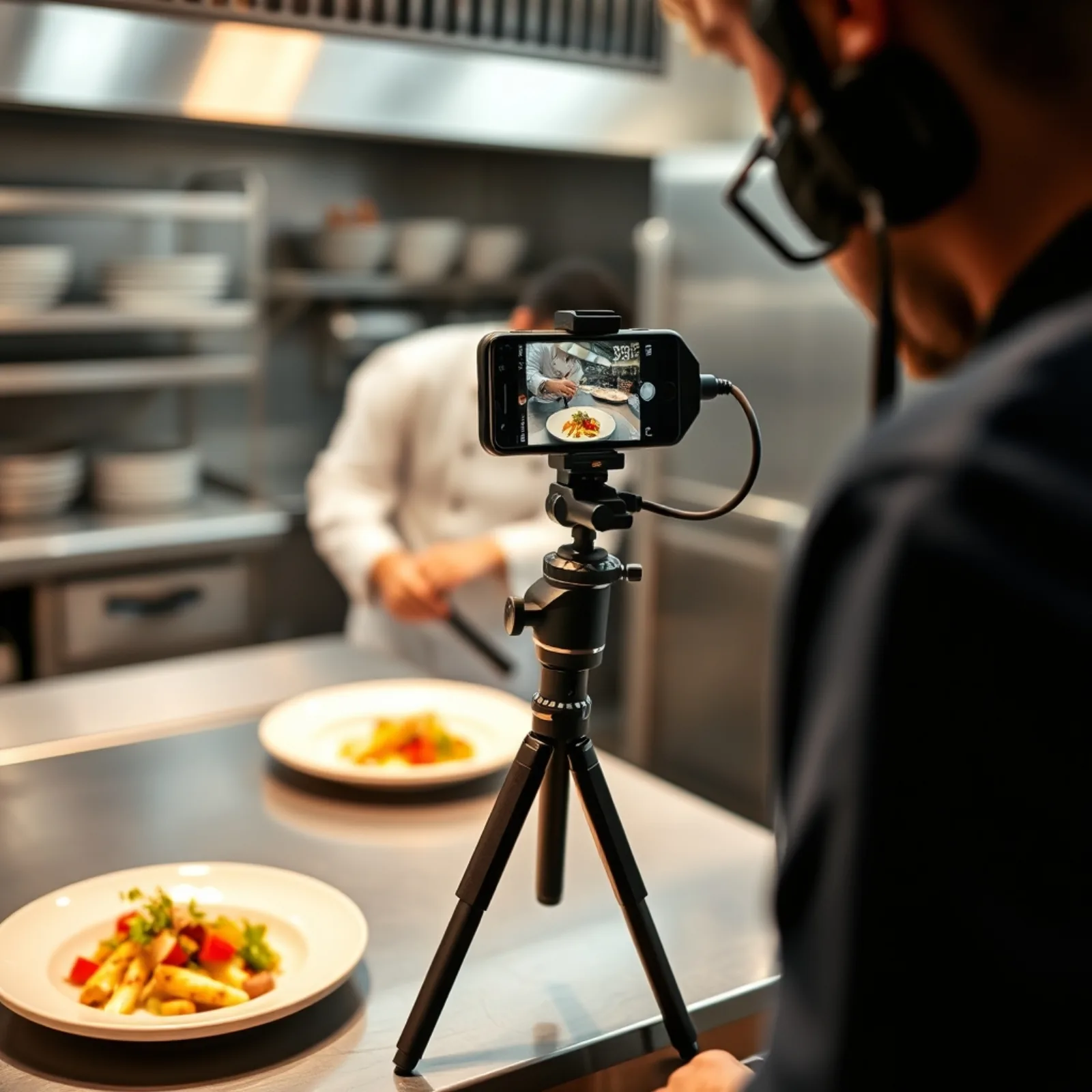 Videógrafo grabando un plato con el smartphone sobre un trípode en la cocina de un restaurante, con un panel LED