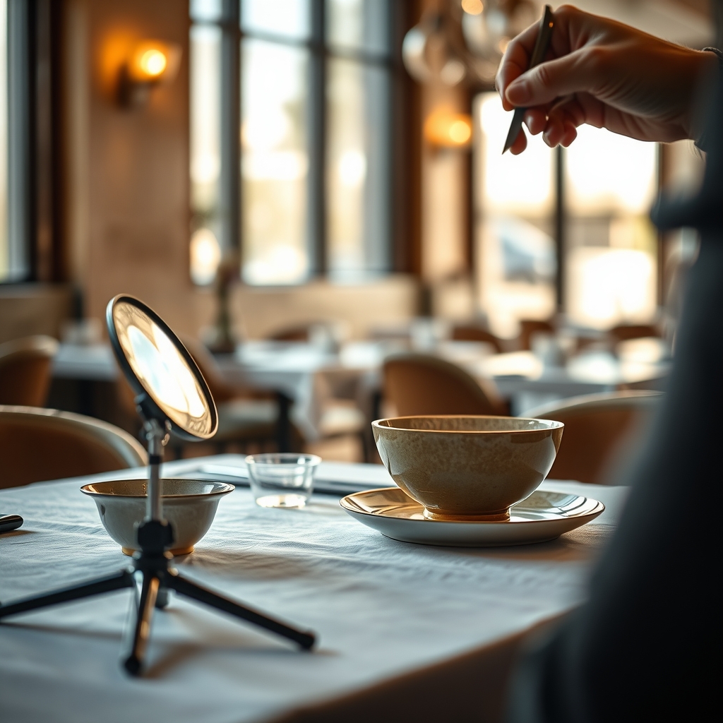 Préparation d'un plat pour un tournage vidéo sur une table de restaurant, avec réflecteur et trépied