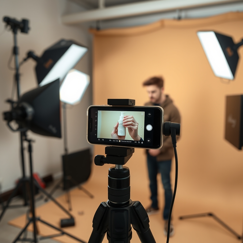 Tournage vertical en studio avec smartphone sur trépied et éclairage LED pour production TikTok