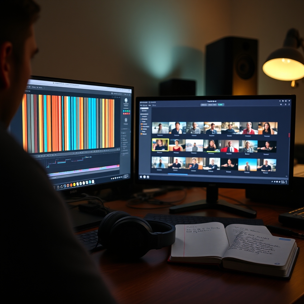 Poste de montage vidéo vertical avec timeline et plusieurs variantes de hooks à l'écran