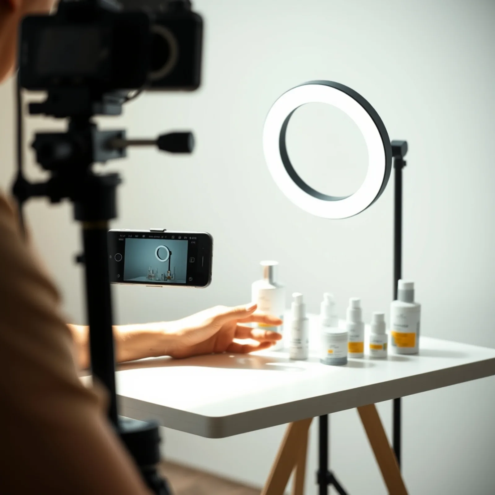 Rodaje vertical en estudio: smartphone sobre un trípode, aro de luz y productos cosméticos dispuestos sobre una mesa