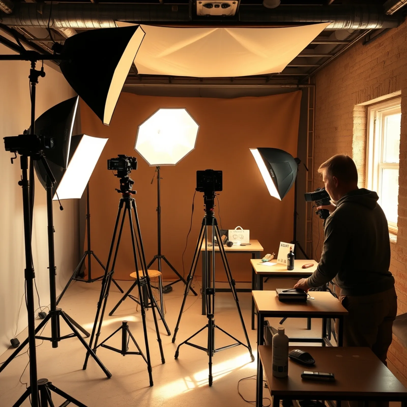 Estudio de producción de vídeo vertical con tres puestos de rodaje montados uno junto a otro y un equipo trabajando
