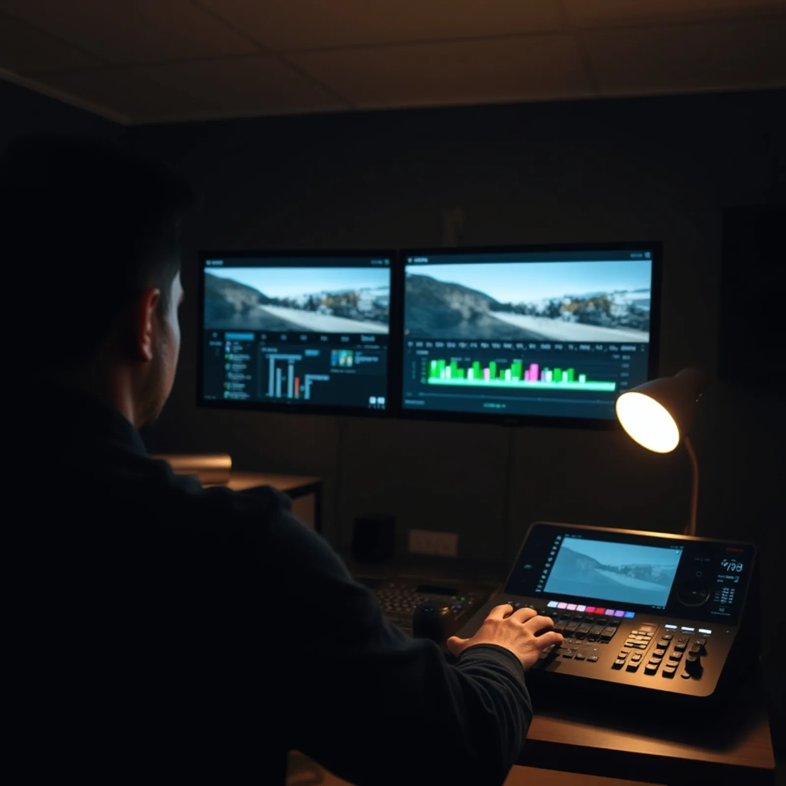 Editor de vídeo trabajando en un montaje vertical en un estudio de producción