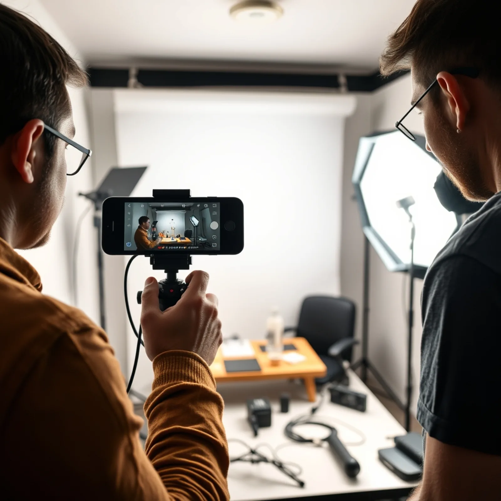 Rodaje de vídeo vertical en un estudio con un smartphone en trípode e iluminación LED