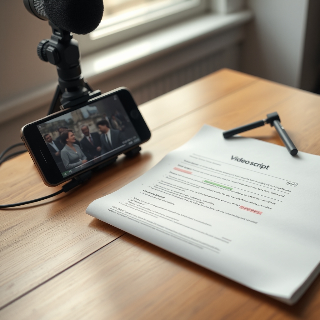 Script de creative ad imprimé et annoté sur une table de tournage vertical avec smartphone sur trépied