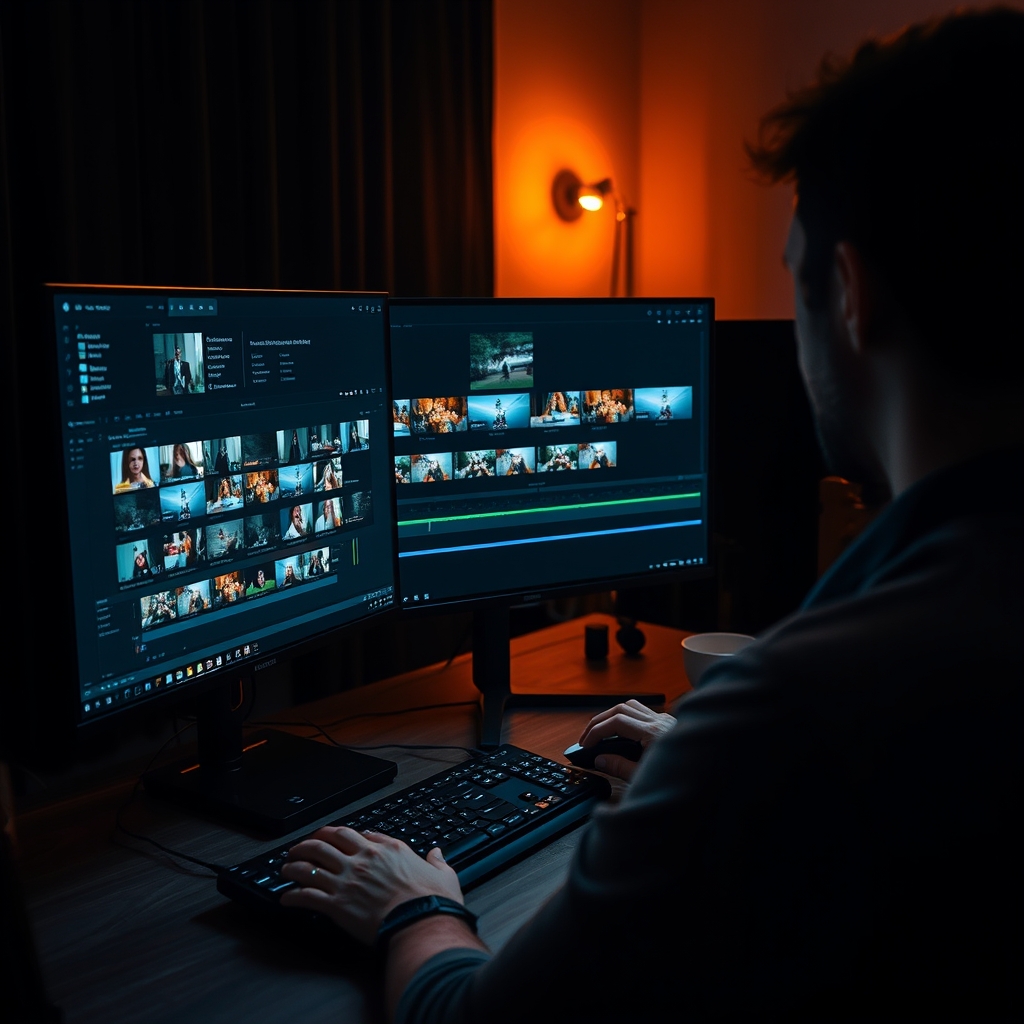 Monteur vidéo assemblant des blocs de rushes verticaux nommés sur une timeline de montage