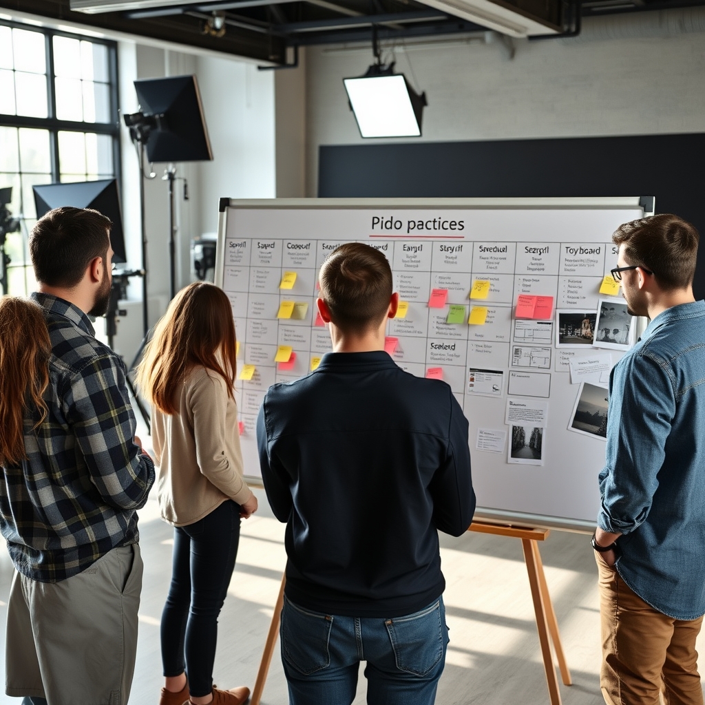Équipe créative en réunion de passation autour d'un tableau de planning de production vidéo