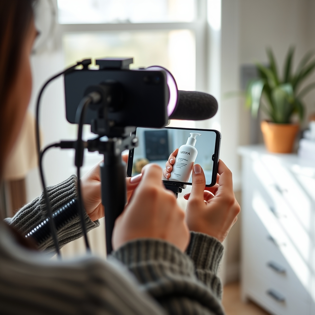 Créateur UGC filmant un produit cosmétique au smartphone sur trépied avec lumière annulaire
