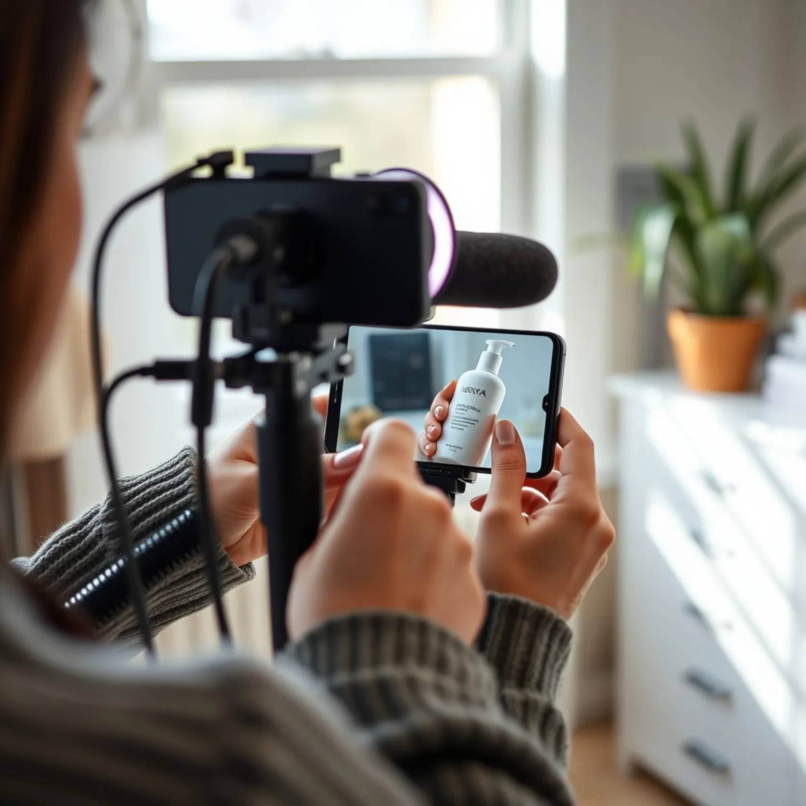 UGC creator filming a cosmetics product on a smartphone on a tripod with a ring light