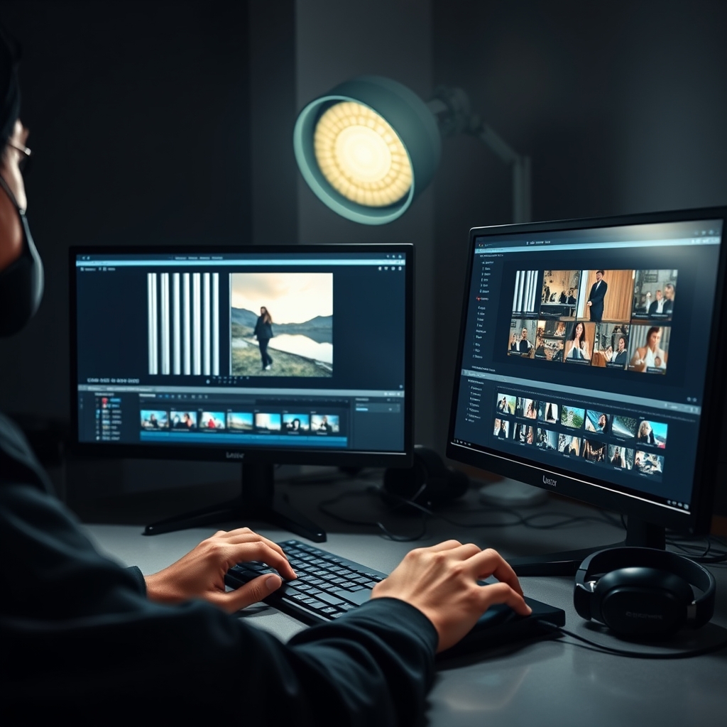 Monteur vidéo vertical face à deux écrans avec timeline de rushes UGC en cours de sélection