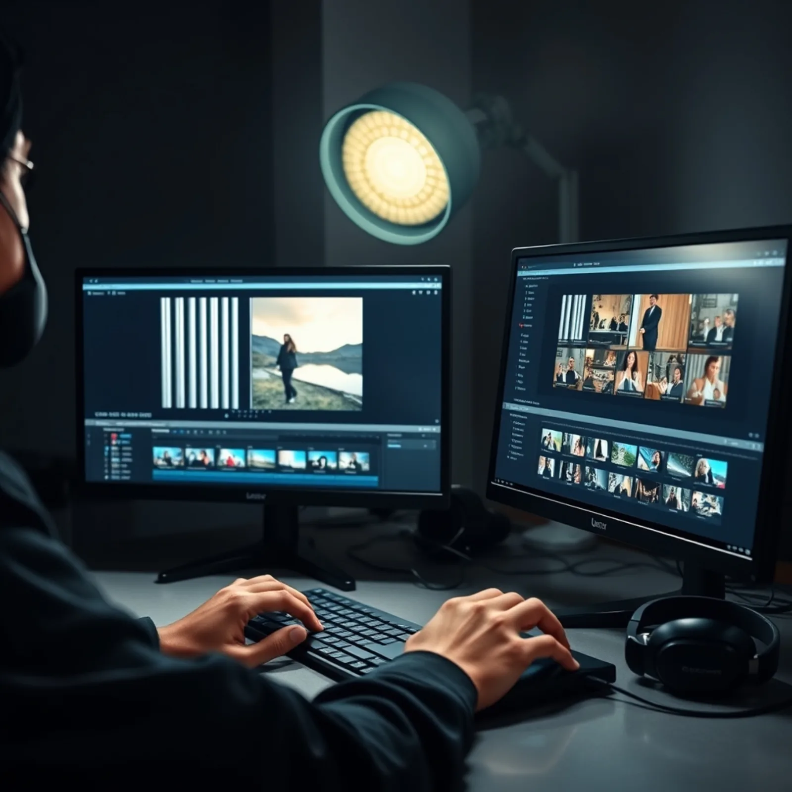 Vertical video editor facing two screens with a timeline of UGC footage being selected