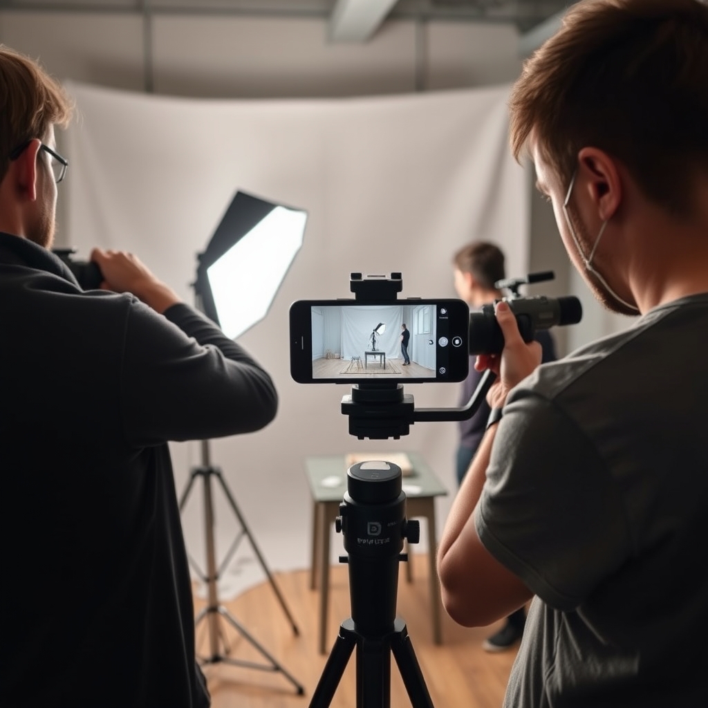 Équipe de production vidéo verticale tournant plusieurs variantes d'ouverture sur un plateau en studio