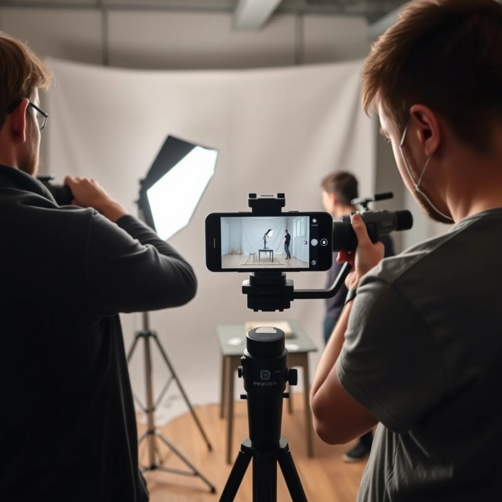 Equipo de producción de vídeo vertical rodando varias variantes de apertura en un plató de estudio