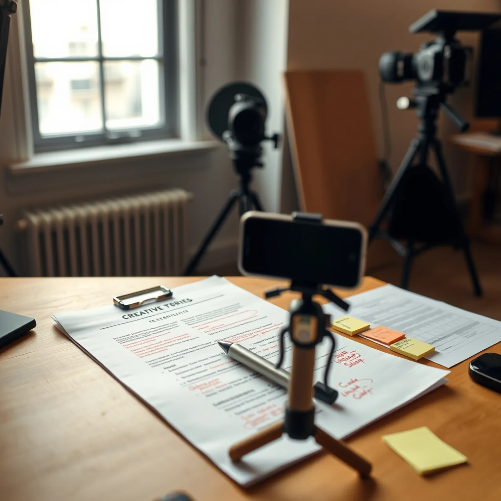 Creative strategist anotando un brief de vídeo impreso sobre una mesa de producción