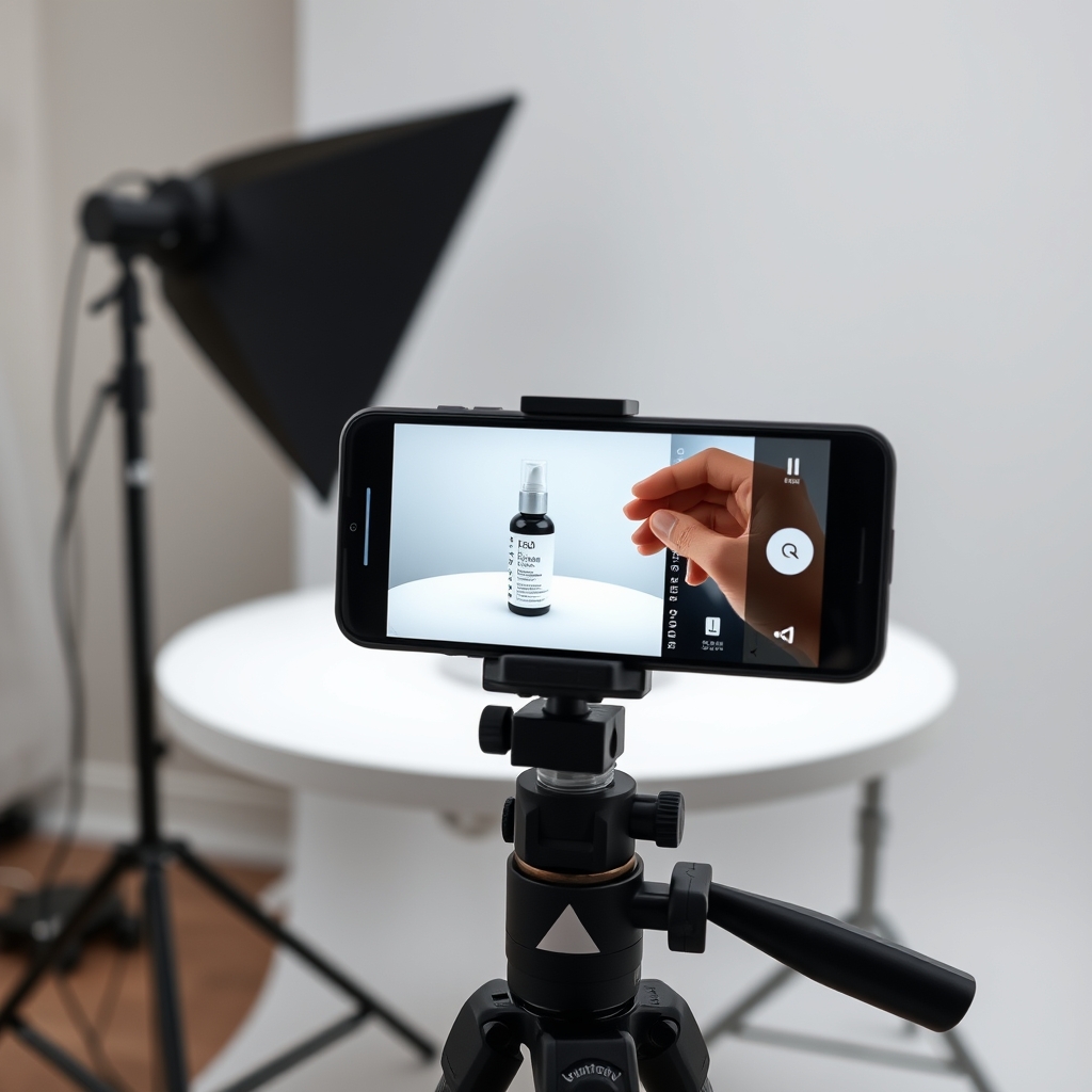 Tournage vidéo verticale produit en studio avec smartphone sur trépied et éclairage LED