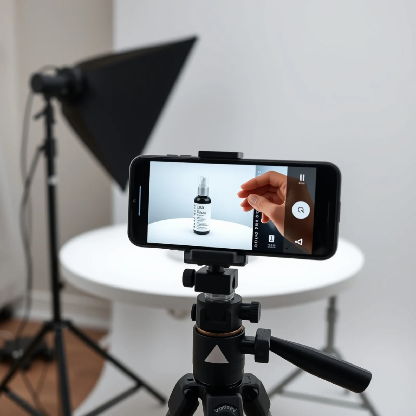Vertical video shoot of a product in a studio, with a smartphone on a tripod and LED lighting