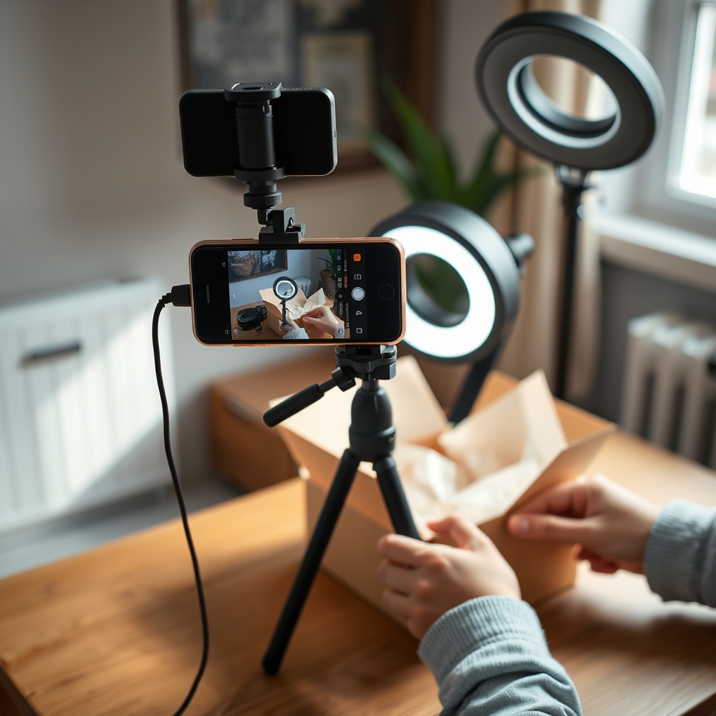 Créateur filmant une démonstration produit chez lui avec un smartphone sur trépied et lumière naturelle