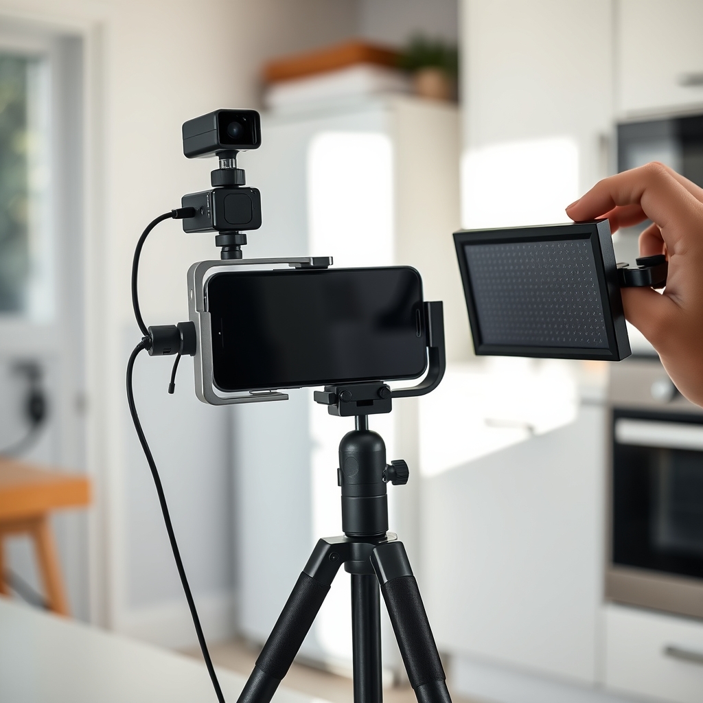 Smartphone monté sur cage avec micro sans fil et petit panneau LED lors d'un tournage vertical