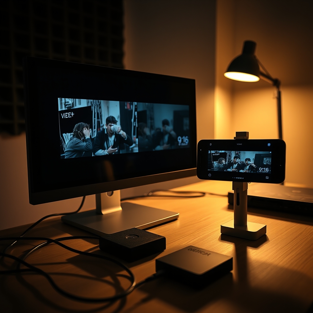 Poste de montage avec deux versions d'une même vidéo verticale comparées côte à côte