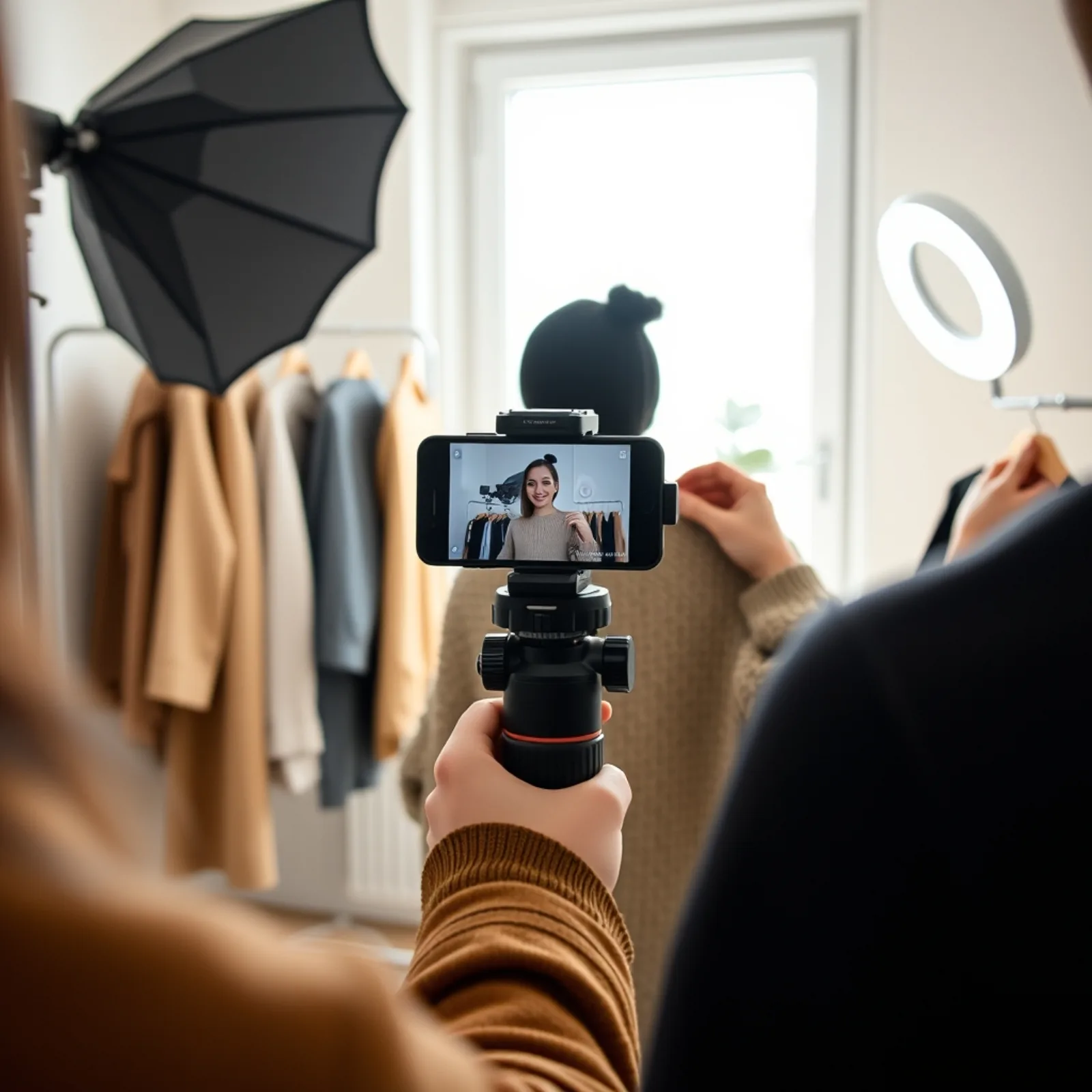 Rodaje de un vídeo UGC de moda: smartphone sobre trípode frente a un perchero de ropa