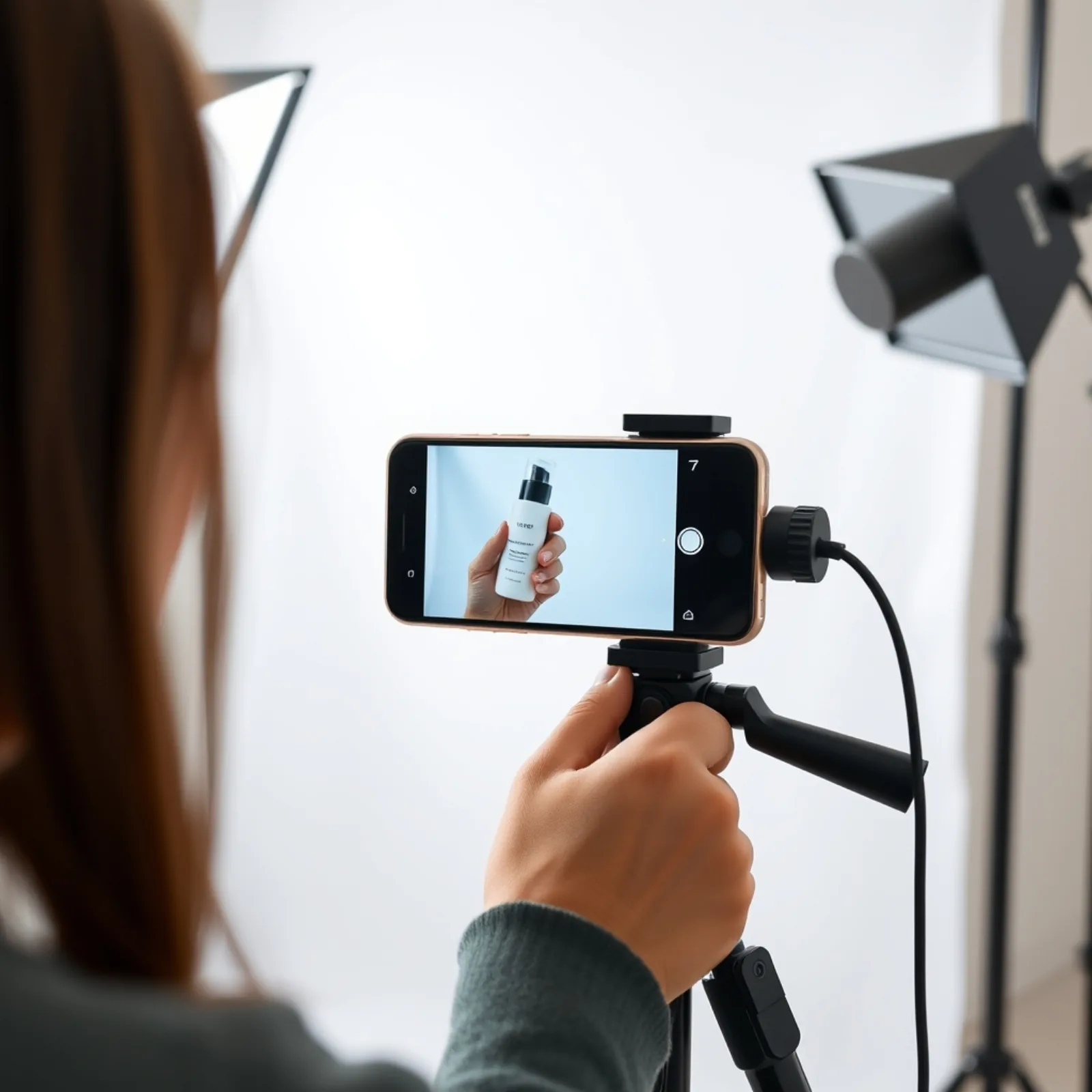 A creator filming a smartphone product demo on a tripod in a vertical video studio