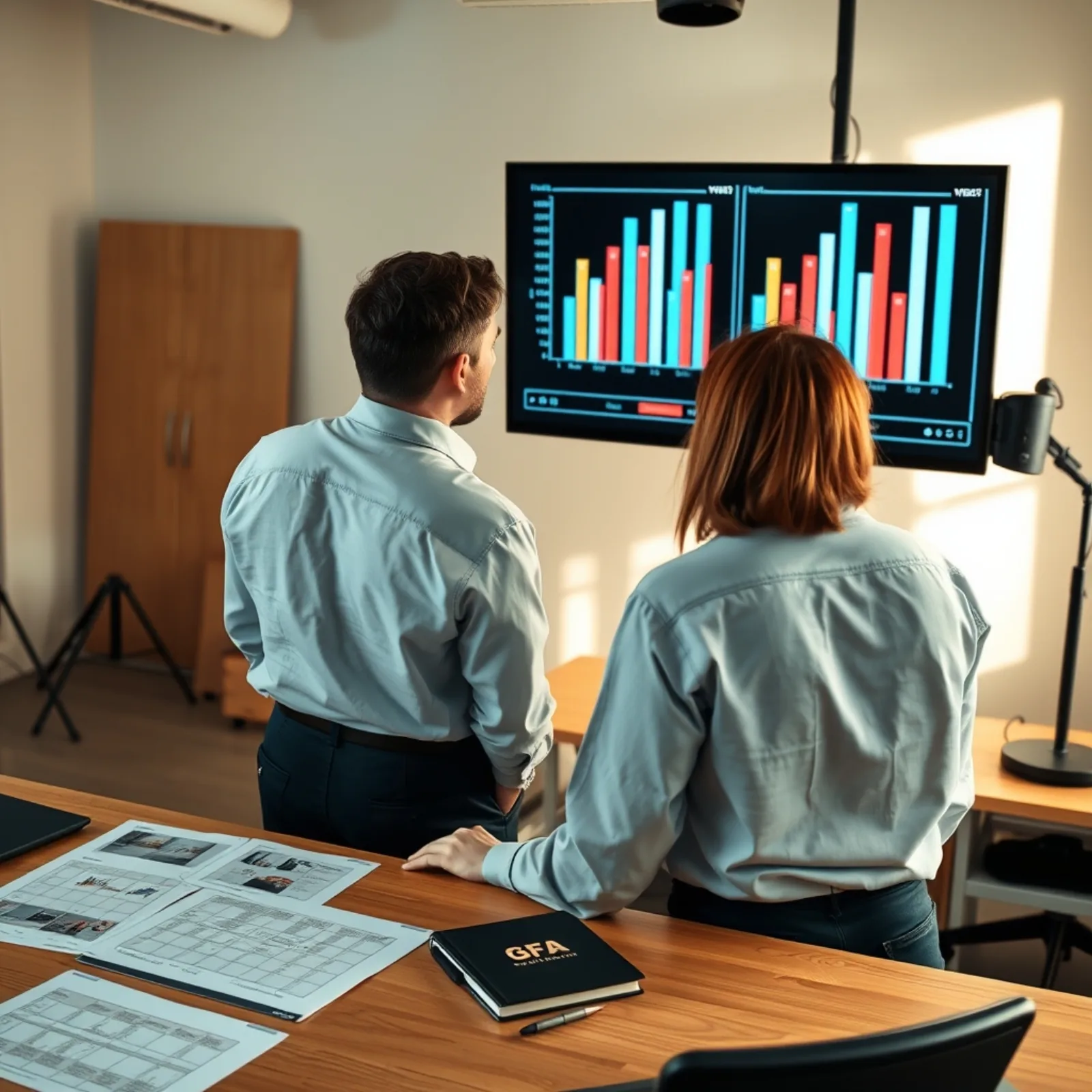 Two people analysing ad performance curves on a screen in a video studio office