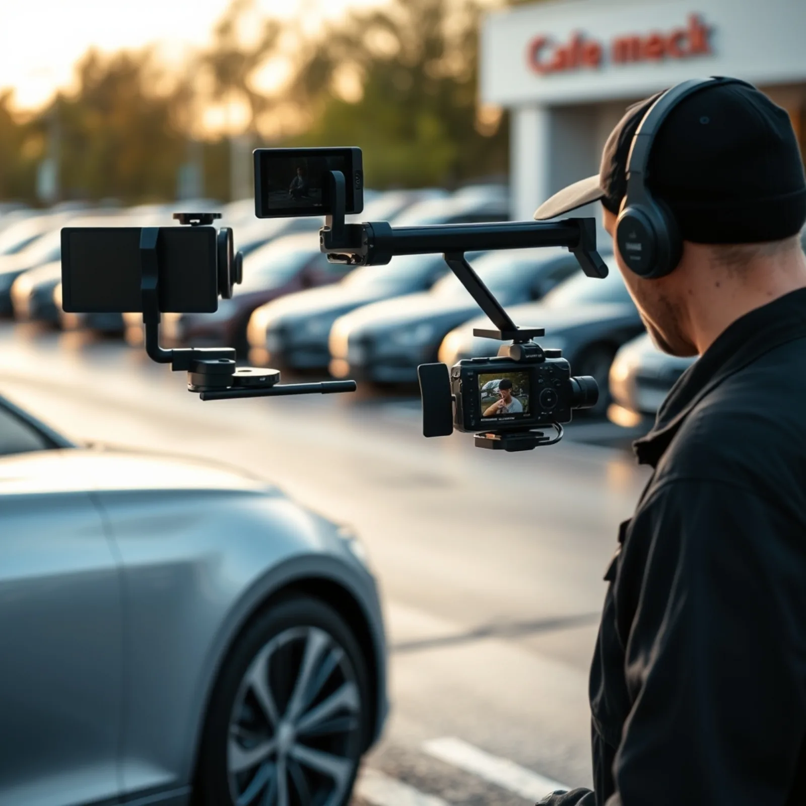 Operator filming a used-car walkaround with a stabiliser on a dealership lot
