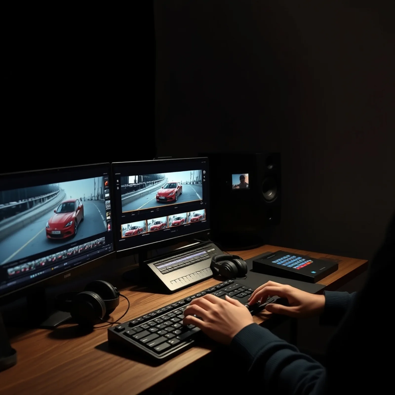 Editing station with several vertical variants of a car ad displayed on screen