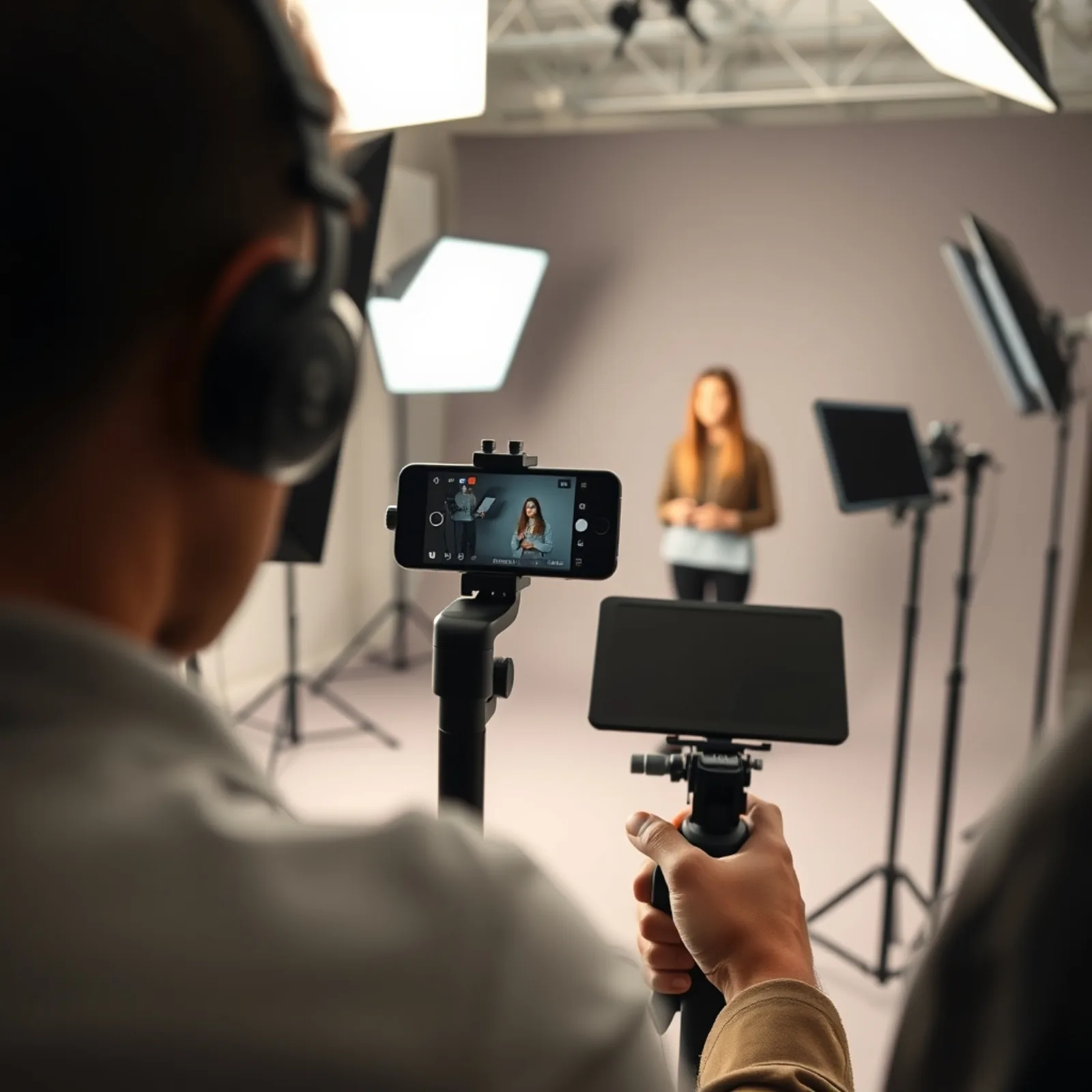 Rodaje de un vídeo de venta vertical en estudio con teleprompter e iluminación softbox