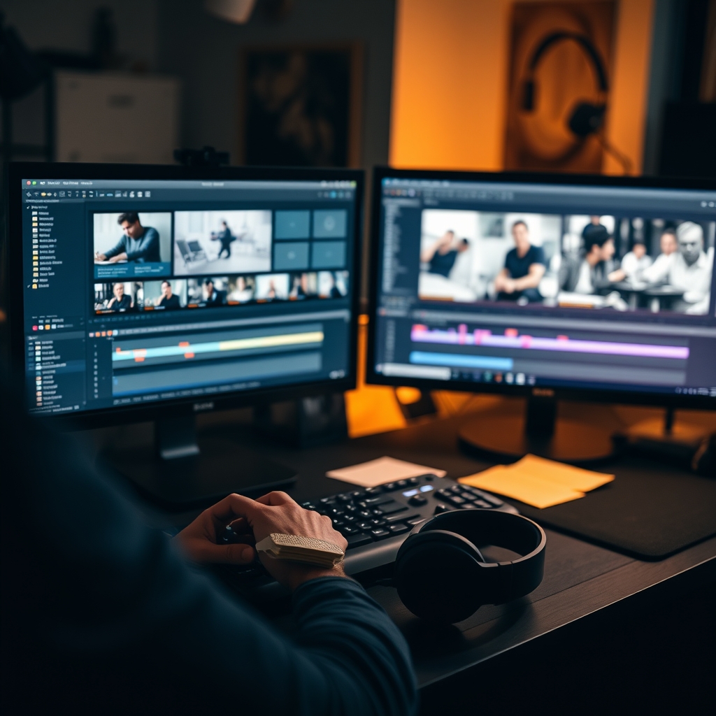Poste de montage avec deux timelines de vidéos verticales 9:16 comparées côte à côte